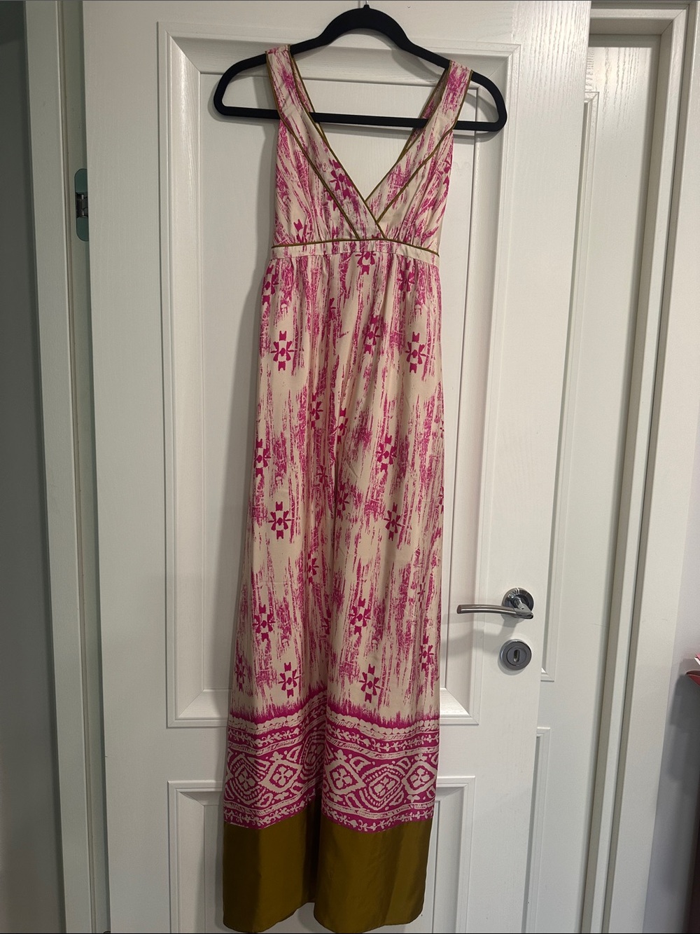 LOFT Pink and Cream Printed Maxi Dress with Olive Hem